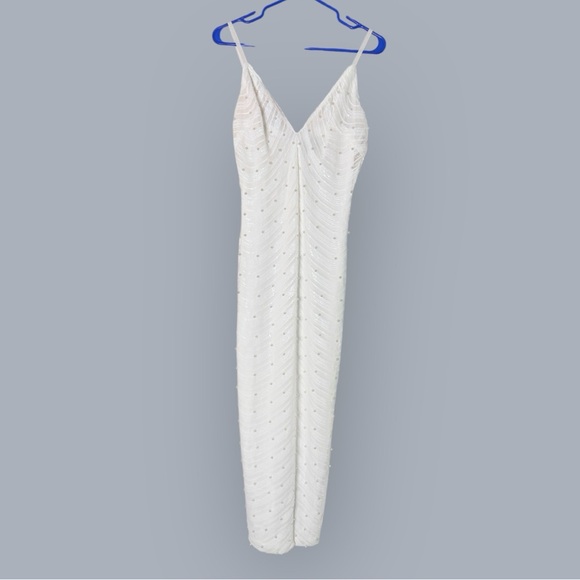 Hot Miami Styles White Pearl Sequin V-Neck Lined maxi Dress Small - Picture 2 of 6
